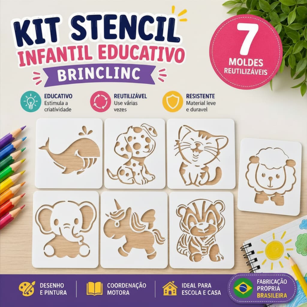 Kit Stencil Infantil Educativo Brinclinc 7 Moldes Reutilizáveis Desenho e Pintura