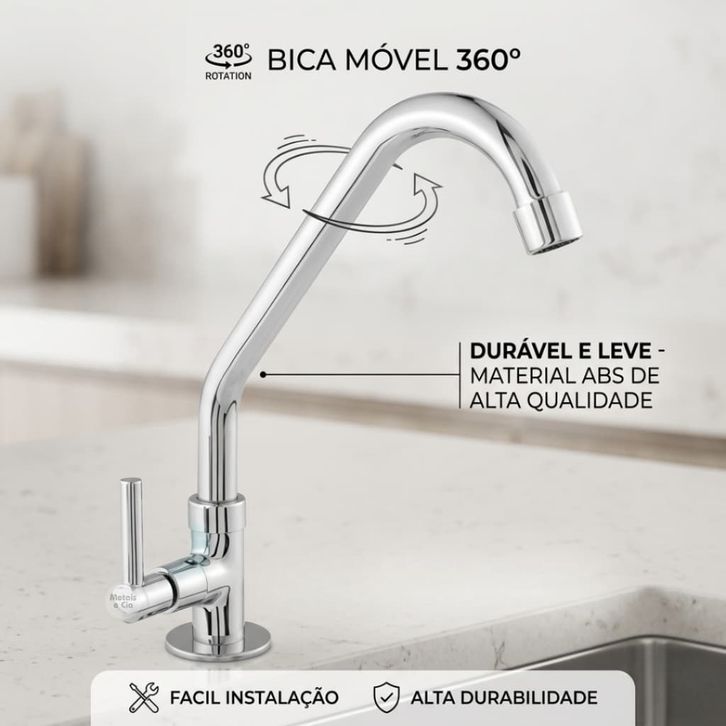 Torneira Luxo Cozinha Bica Movel De Bancada Cromada 1/4 de Volta
