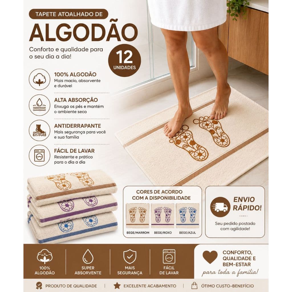 Kit 12 Tapete Atoalhado para Banheiro Pezinho de Algodão 40x70cm
