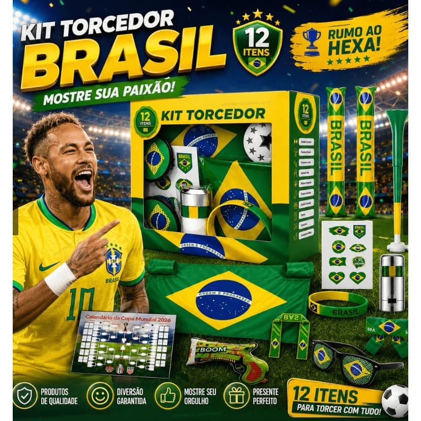 Kit Torcedor Brasil 12 Itens Copa do Mundo 2026 Bandeira Corneta Óculos Adesivo Faixa Futebol