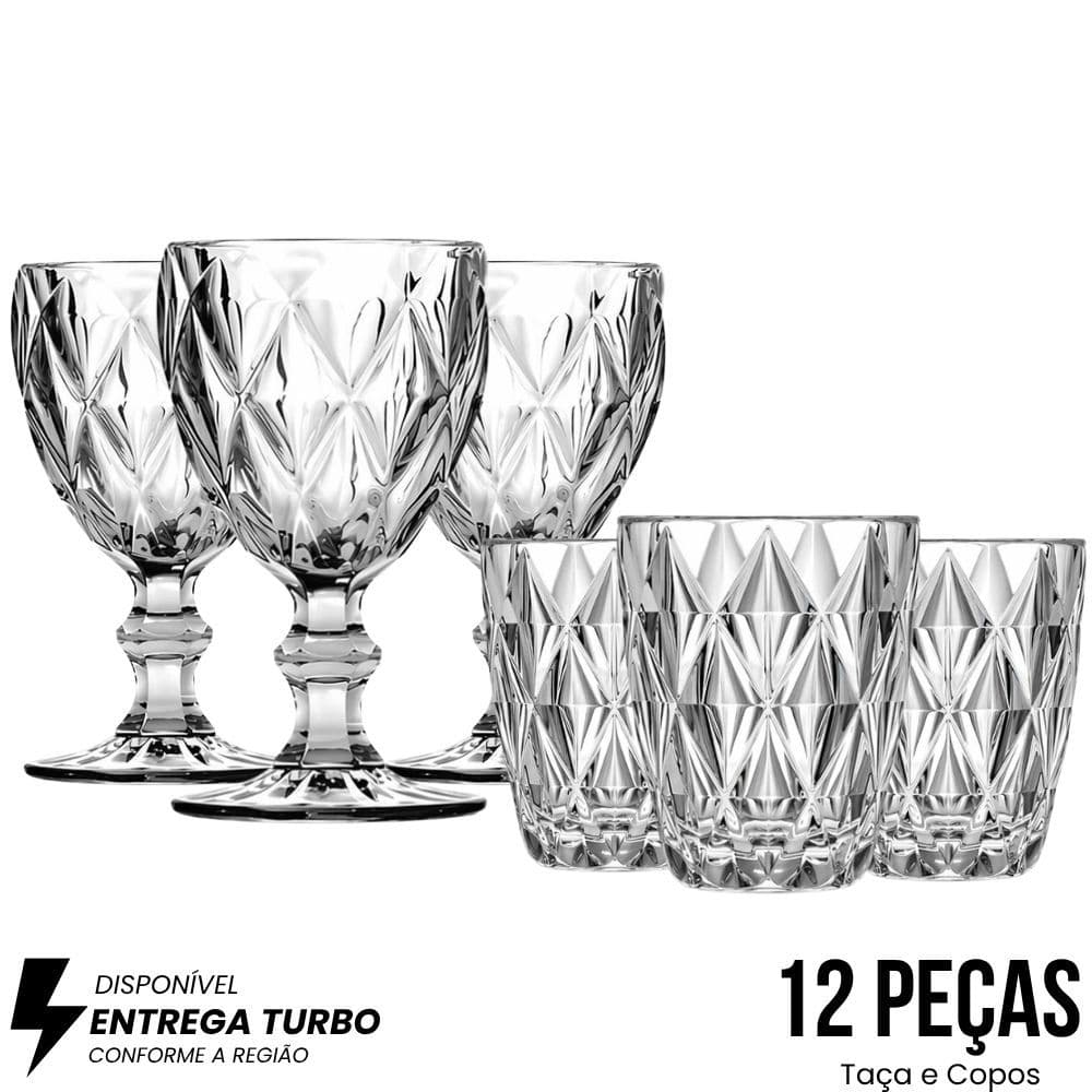 Jogo Diamond 12 Peças em Vidro | 6 Taças 340ml + 6 Copos 300ml Mesa Posta Luxo