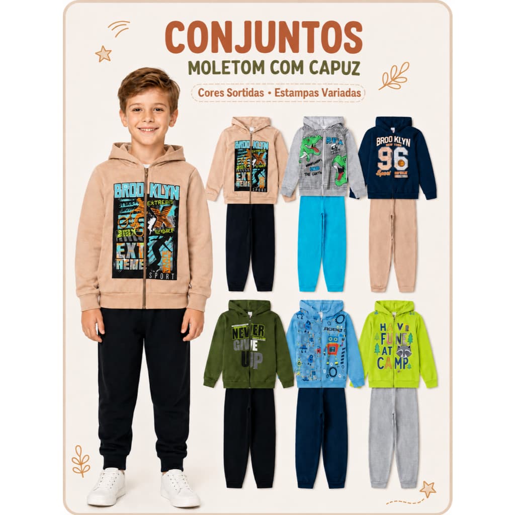 Kit 2 Peças (1 Conjunto) Moletom de Menino Inverno Roupa De Menino Capuz Zíper Tamanho P ao 14