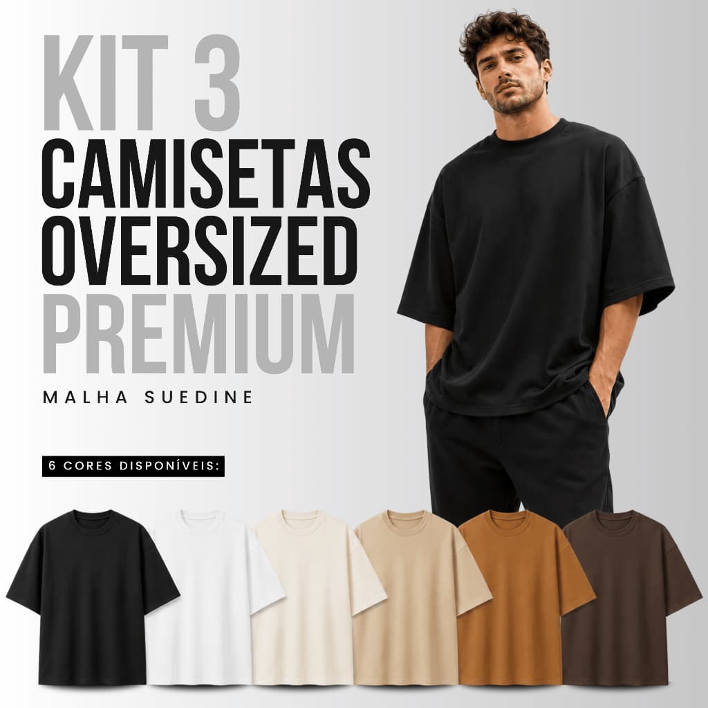 Kit 3 Camiseta Oversized Masculina Suedine 100% Algodão Premium Blusa Casual Estilo Streetwear