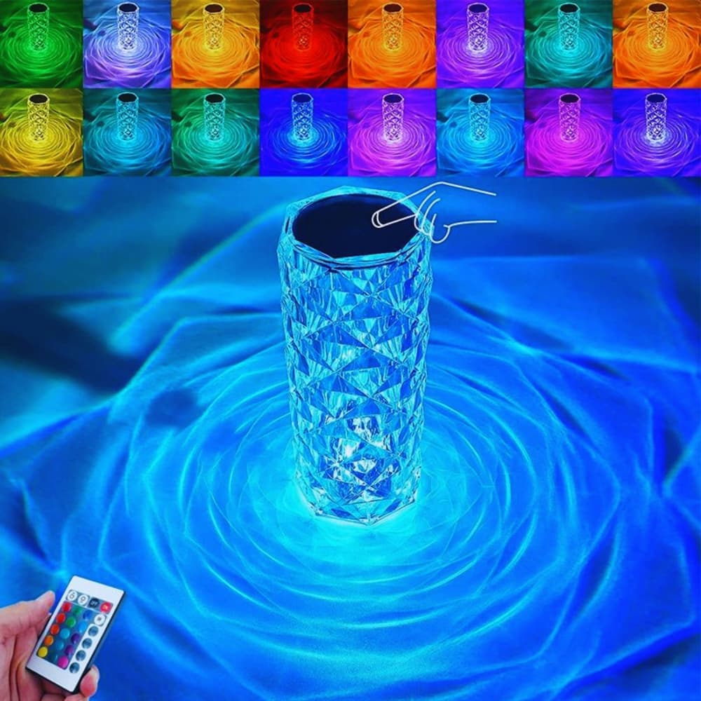 Luminária Cristal de Mesa Portátil RGB 16 Cores com Controle Remoto e Toque – Recarregável Sem Fio