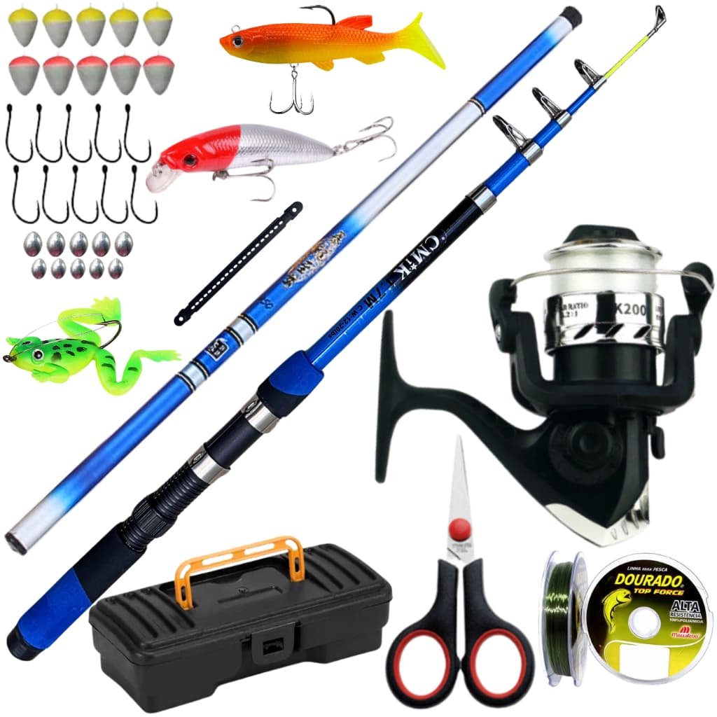 Kit  Completo Molinete De Pesca Vara Telescopica Mão l Isca Artificial Anzo Pescar Mar Praia Represa
