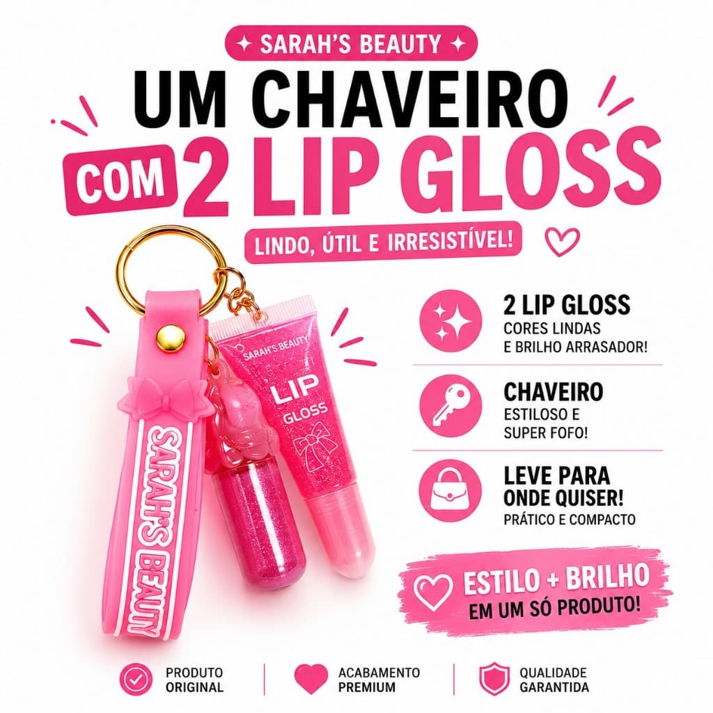 Lip Gloss 2 chaveiro em 1 Sarah's Beauty Rosa Glitter Brilho Labial Presente Feminino