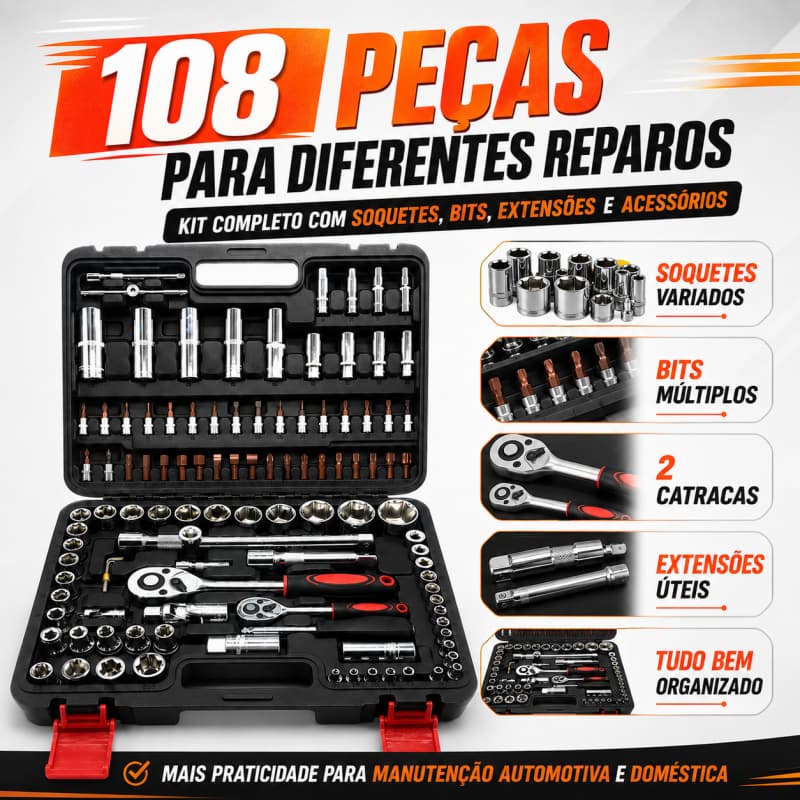 Jogo De Ferramentas 108 Peças Maleta Chaves Soquetes Aço Cr-V Catraca Profissional Automotivo Completo Para Casa Moto
