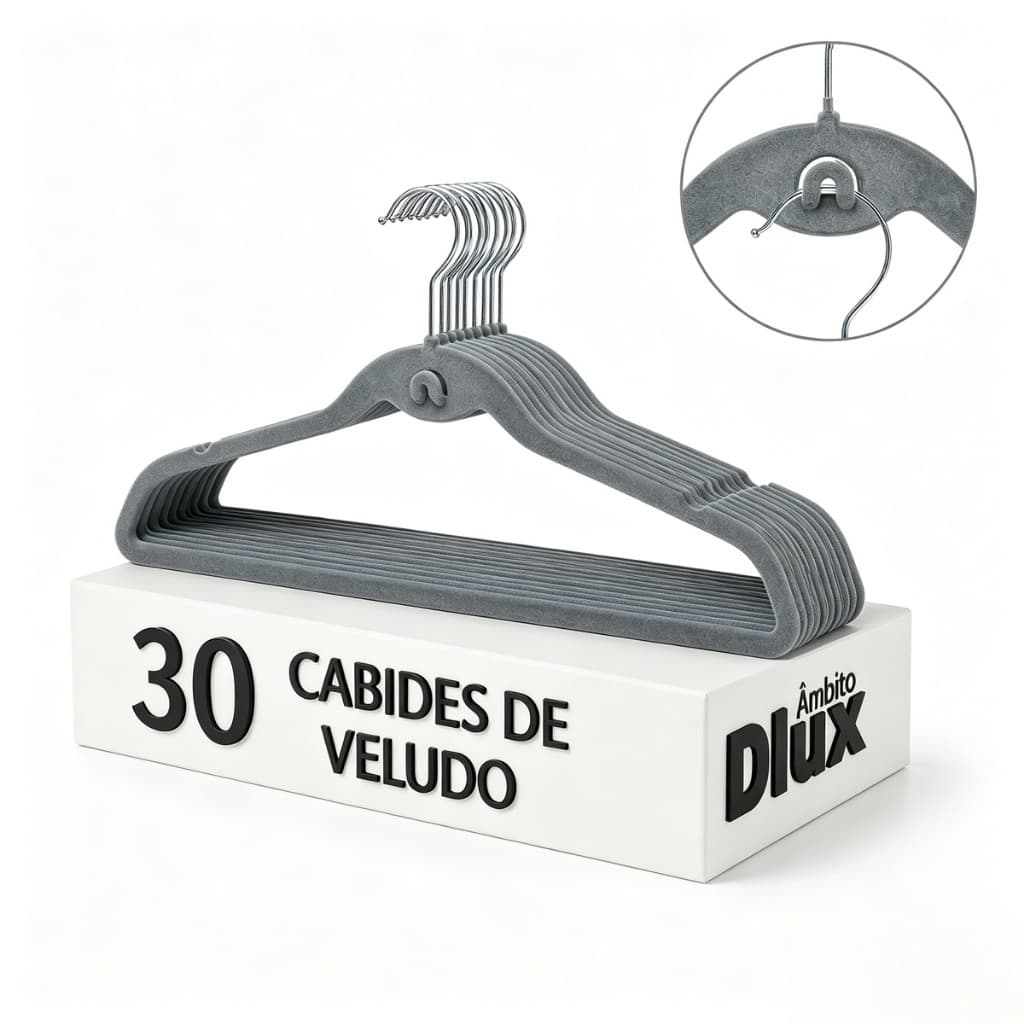 Ambito Dlux Kit 30 Cabides Veludo Slim Acabamento Premium Organização Gancho Giratório 360º Cinza