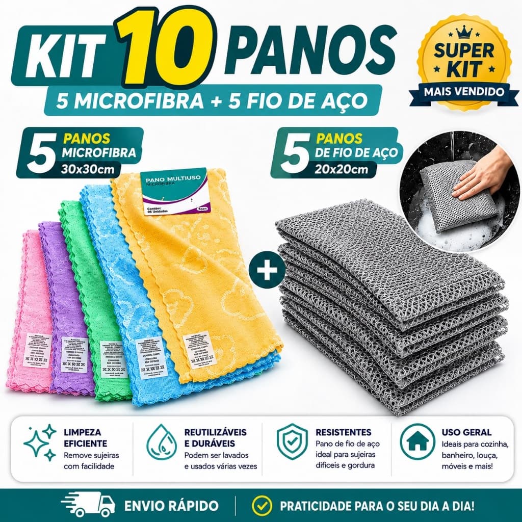 Kit Panos de Limpeza 5 Panos de Microfibra + 5  Panos de Fio de Aço