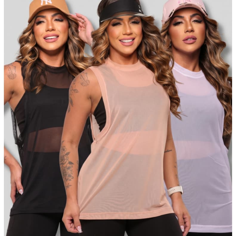 Regata Feminina Moda Fitness Tule e Respirável Transparente Blusa Treino Academia