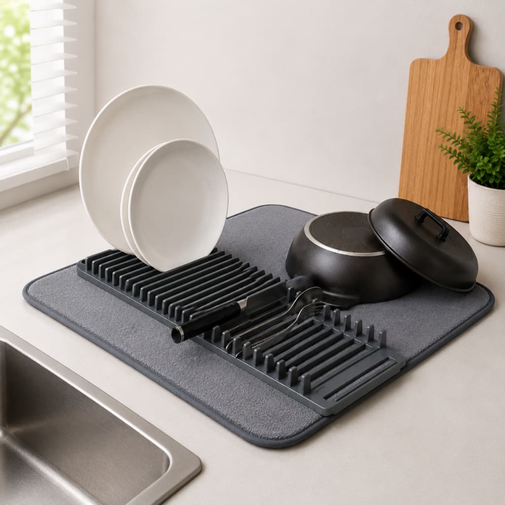 Escorredor de Louças Multifuncional com Tapete Absorvente - Cinza, 46x61cm, 21 Compartimentos
