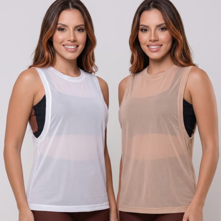 Kit 2 Regata Transparente Tule Academia Feminina Arrastão Treino Blusa Moda Fitness