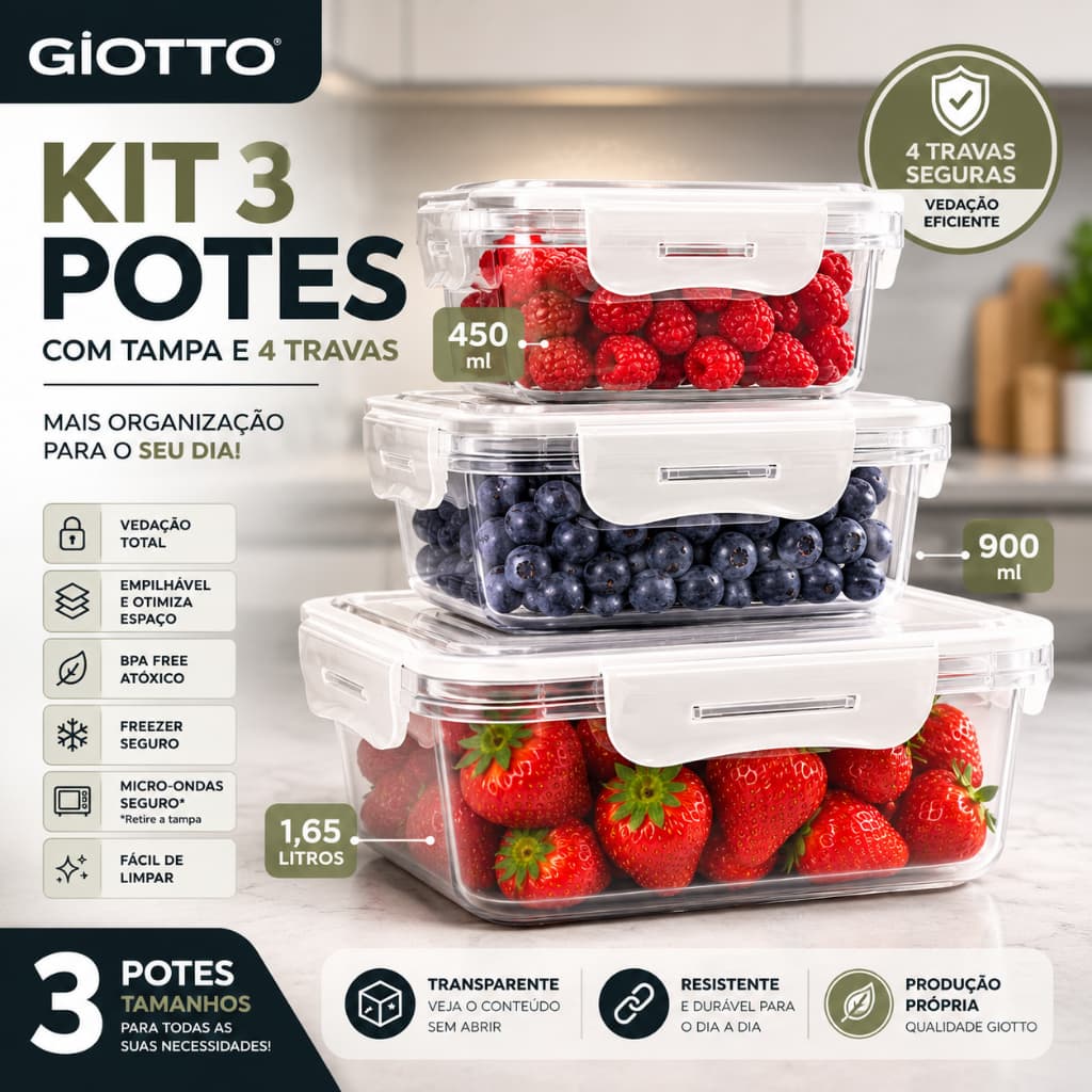 Kit 3 Potes Tampa e 4 Travas 450ml, 900ml, 1,65L Quadrado Transparente armazenamento frezeer Giotto