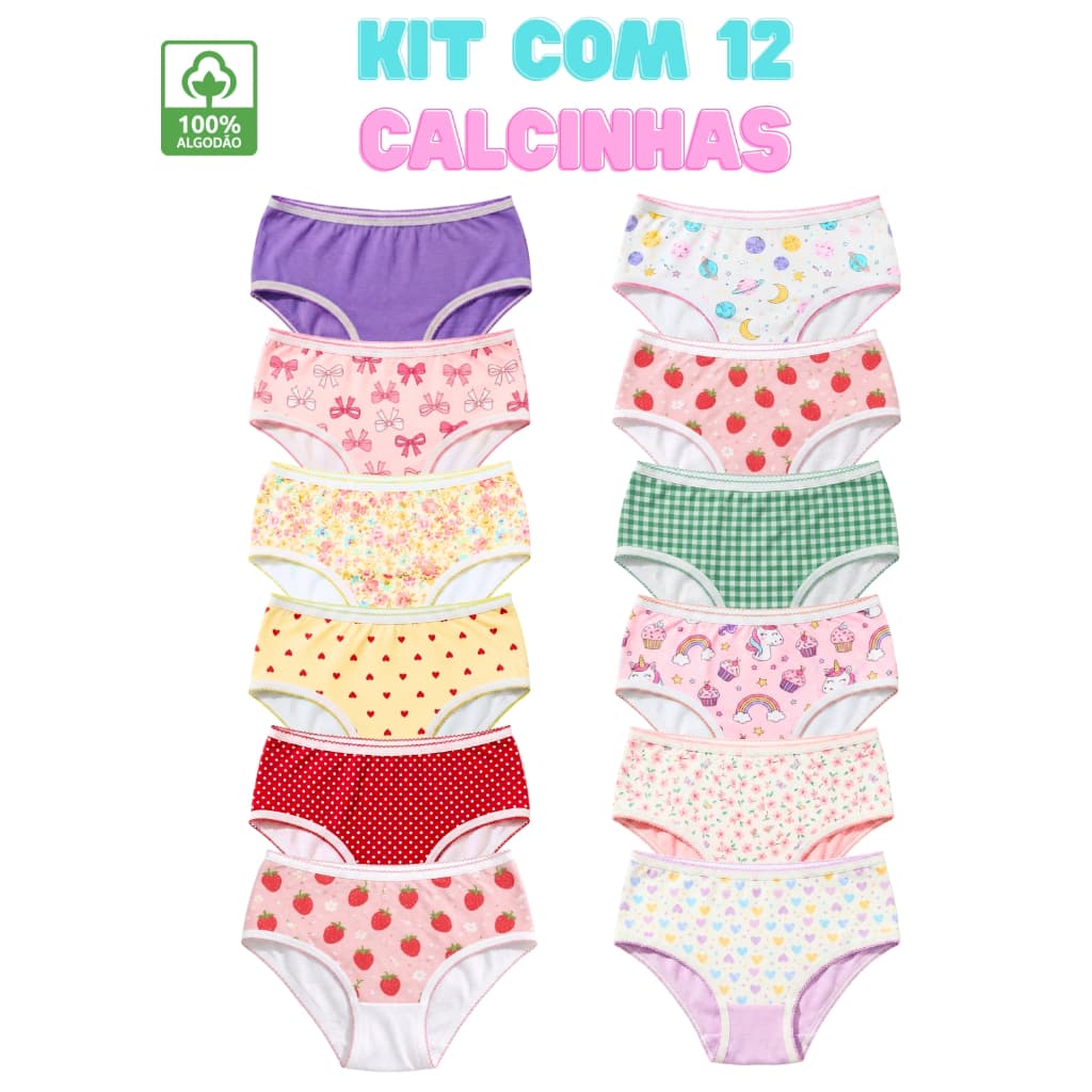 Kit 12 Calcinhas infantil Menina Algodão com Forro 1 a 8 anos Escolar