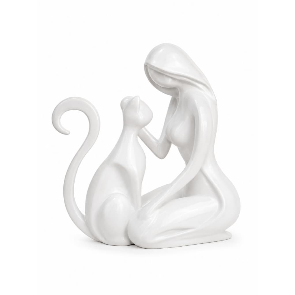 Escultura Decorativa  Mulher com  Gato Moderna   Decoração Sala Escritório | Estátua Decorativa Mulher com Gato Branco