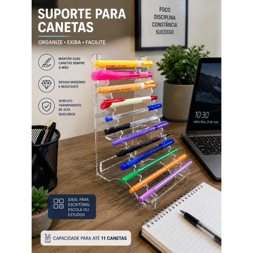 Porta Canetas de Acrílico – Suporte para 12 Canetas Escritório e Papelaria