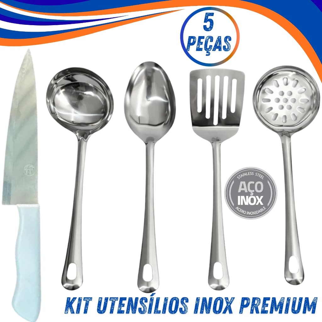 Kit Utensílios Inox 5 Peças  Colher Espátula Escumadeira Concha Faca Premium Cozinha Alta Qualidade.