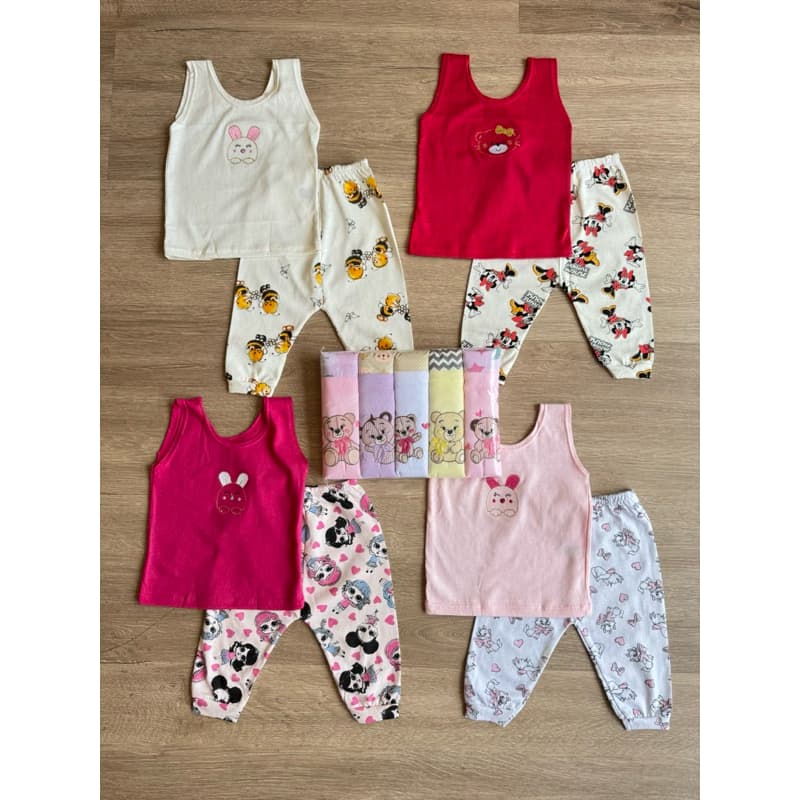 Kit Enxoval 13 Pecas Bebê Menina 4 Conjuntos Regata + Mijão + 5 Fraldas 100% Algodão TAM RN