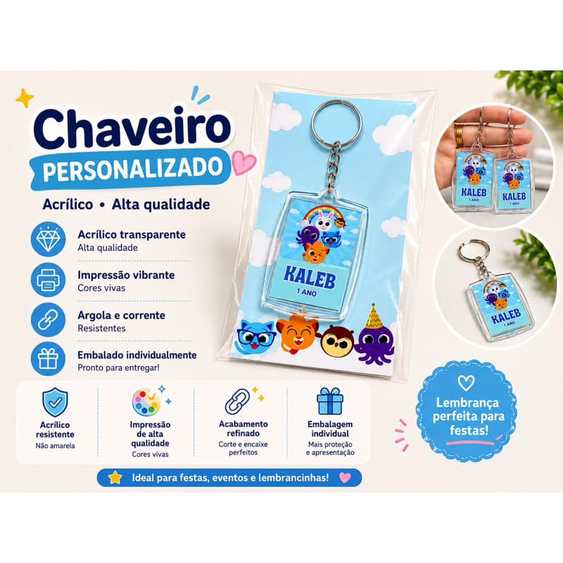 ✨ Chaveiro+Card Personalizado Lembrancinha  – Qualquer Tema – Aniversário, Escola, Eventos –10 15 30