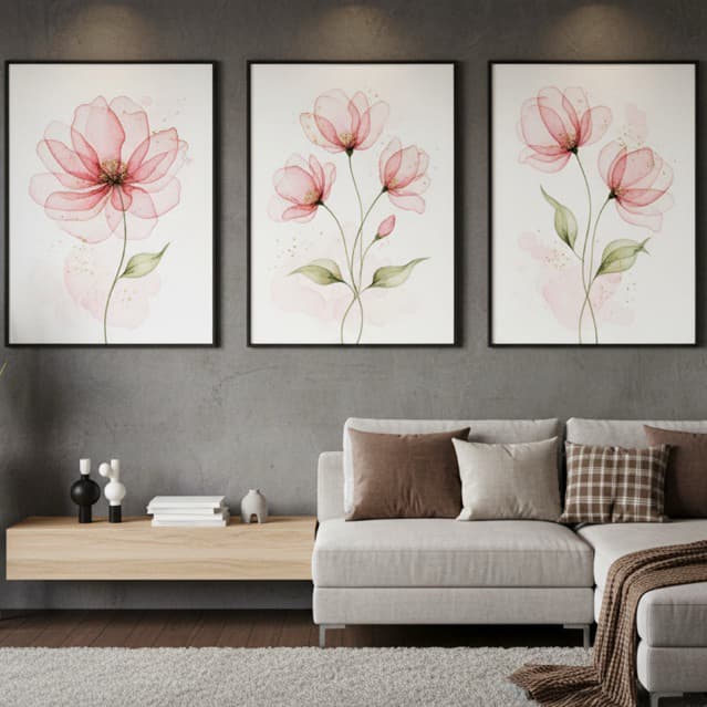 Quadro Decorativo 3 Peças Arte Flores Delicadas Rosa Menina Minimalista Para Sala Quarto