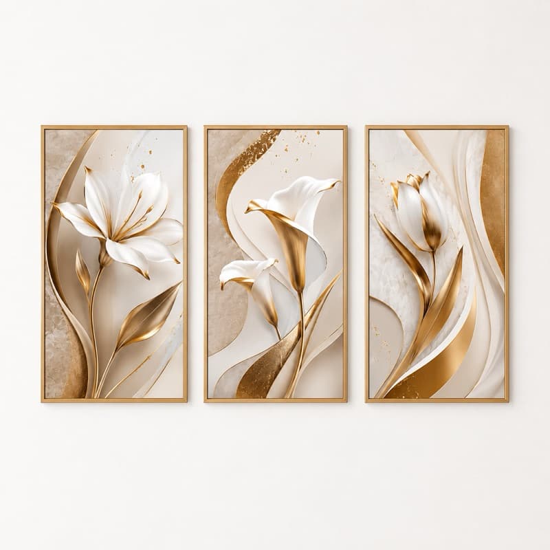 Kit 3 Quadros Decorativos Floral Branco e Dourado Abstrato Moderno