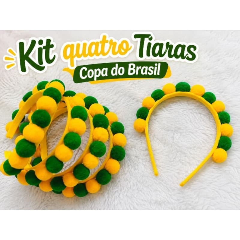 kit 4 Tiaras Copa do Mundo Seleção Brasileira Tiara Brasil Verde e Amarelo Arquinho Da Copa Do Brasil Com Pompons
