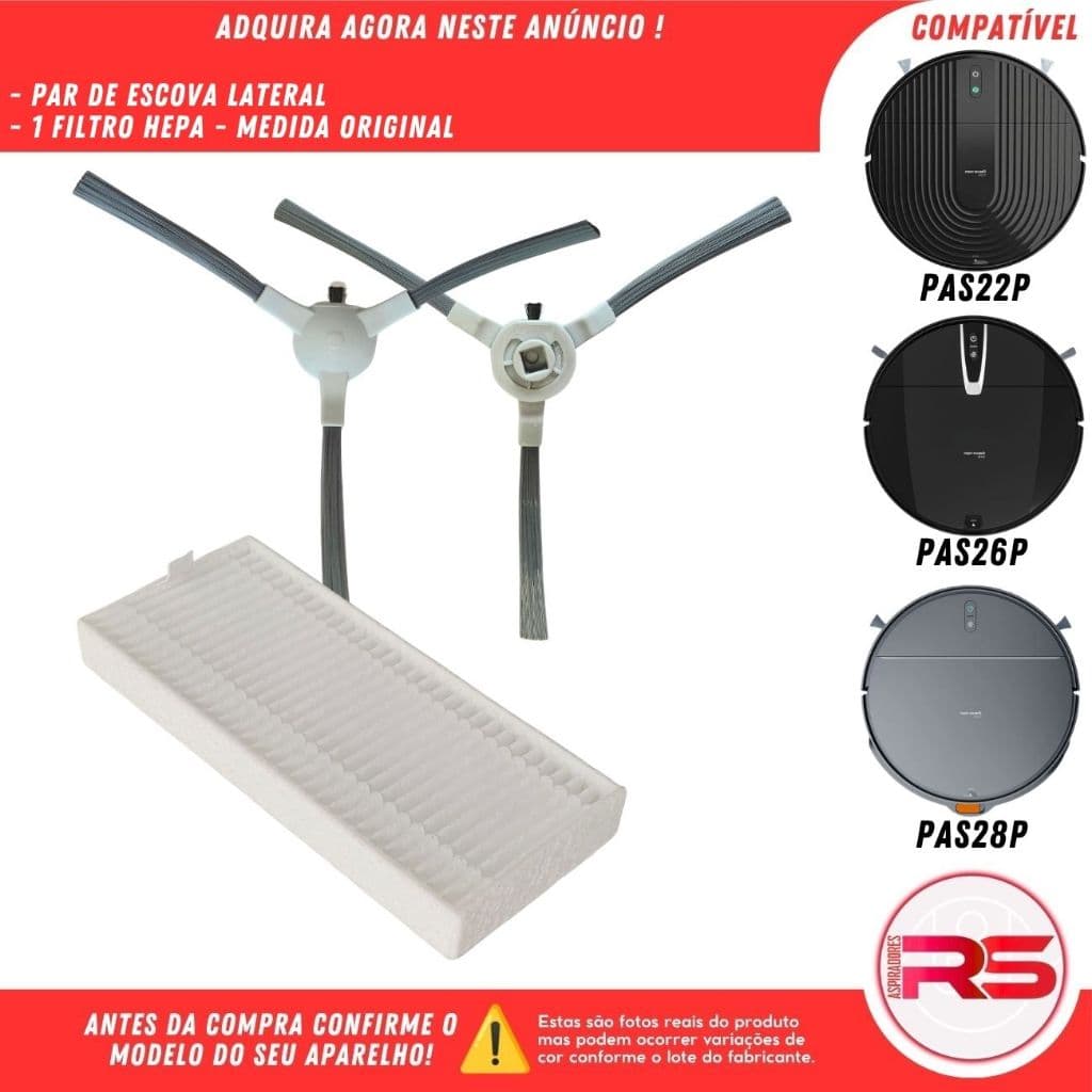 Par Escova Frontal FIltro Hepa para Robô Aspirador COMPATÍVEL-PHILCO PAS22P PAS26P PAS28P