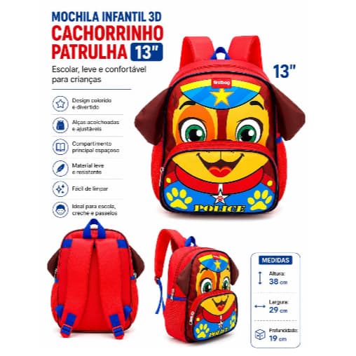 🎒 Mochila Infantil 3D Cachorrinho Patrulha 13" – Escolar, Leve e Confortável para Crianças M4731