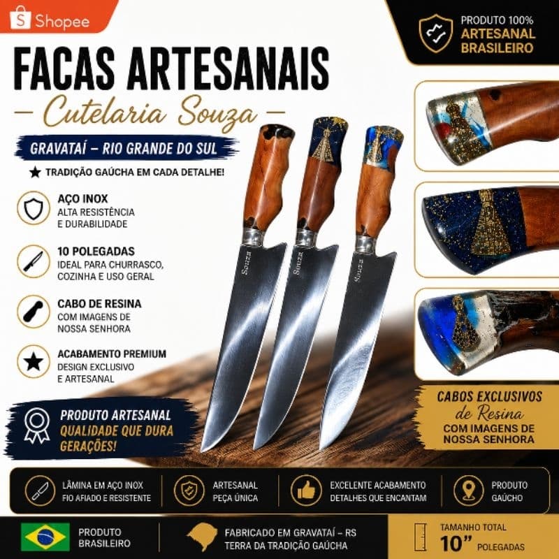 Faca Artesanal 10” Cutelaria Souza Inox Cabo Resina Nossa Senhora
