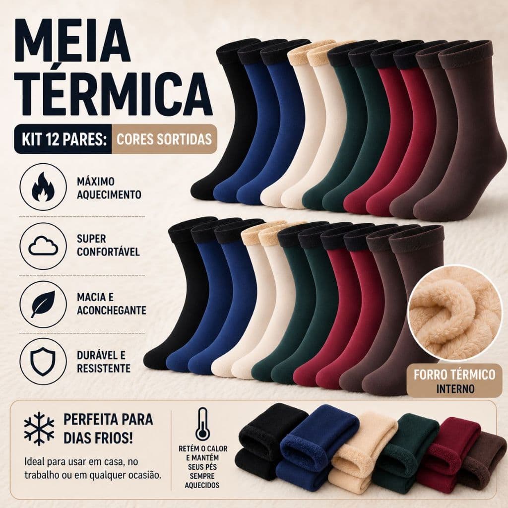 Meia Térmicas feminina 12 pares De Lã Grossa/Caxmira inverno quentinha