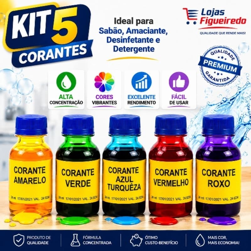5 Corantes de 100ml para Sabão,  Amaciante, Detergente,  Desinfetante ( AMARELO , VERDE, AZUL, ROXO E VERMELHO )