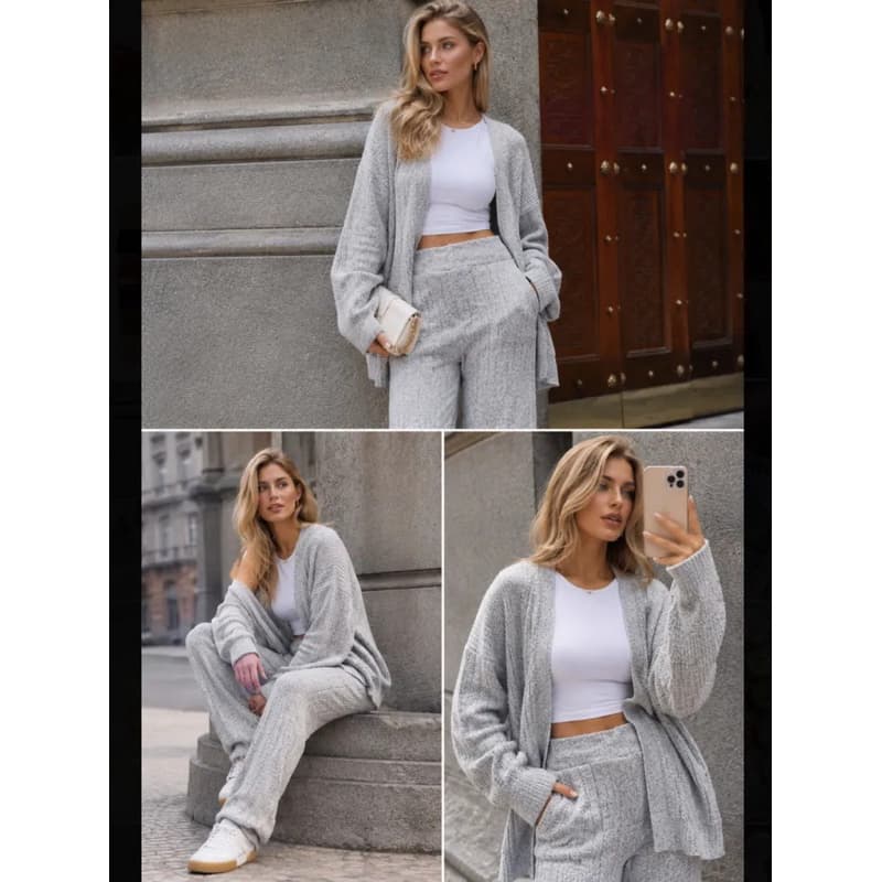 Conjunto Feminino Tricô Mousse Cardigan E Calça Pantalona Outono Inverno Elegante Blogueira