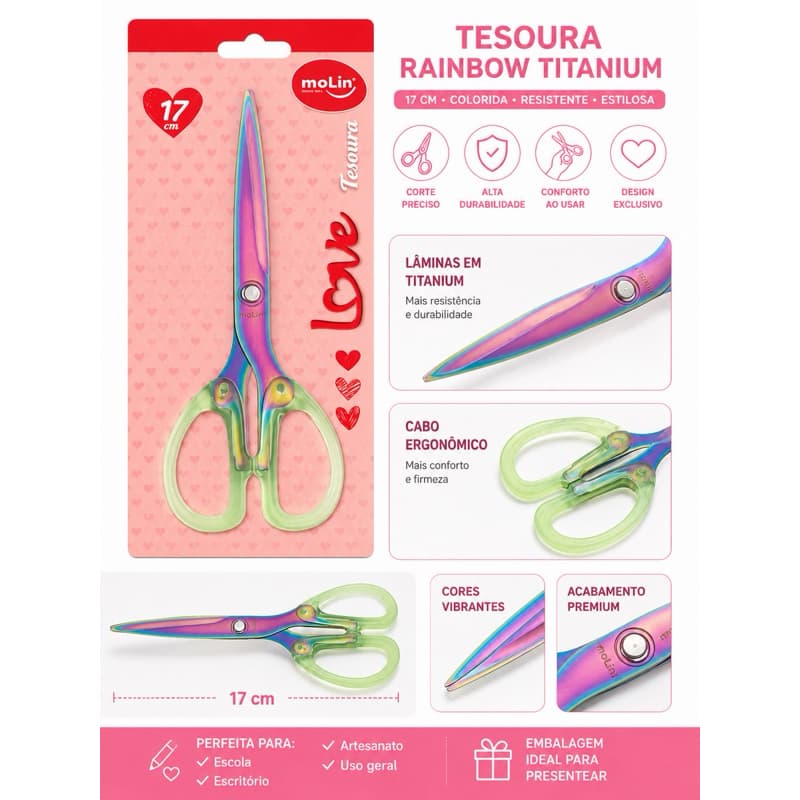 Tesoura Rainbow Titanium 17cm Molin – Colorida, Resistente e Estilosa 💜🌈
