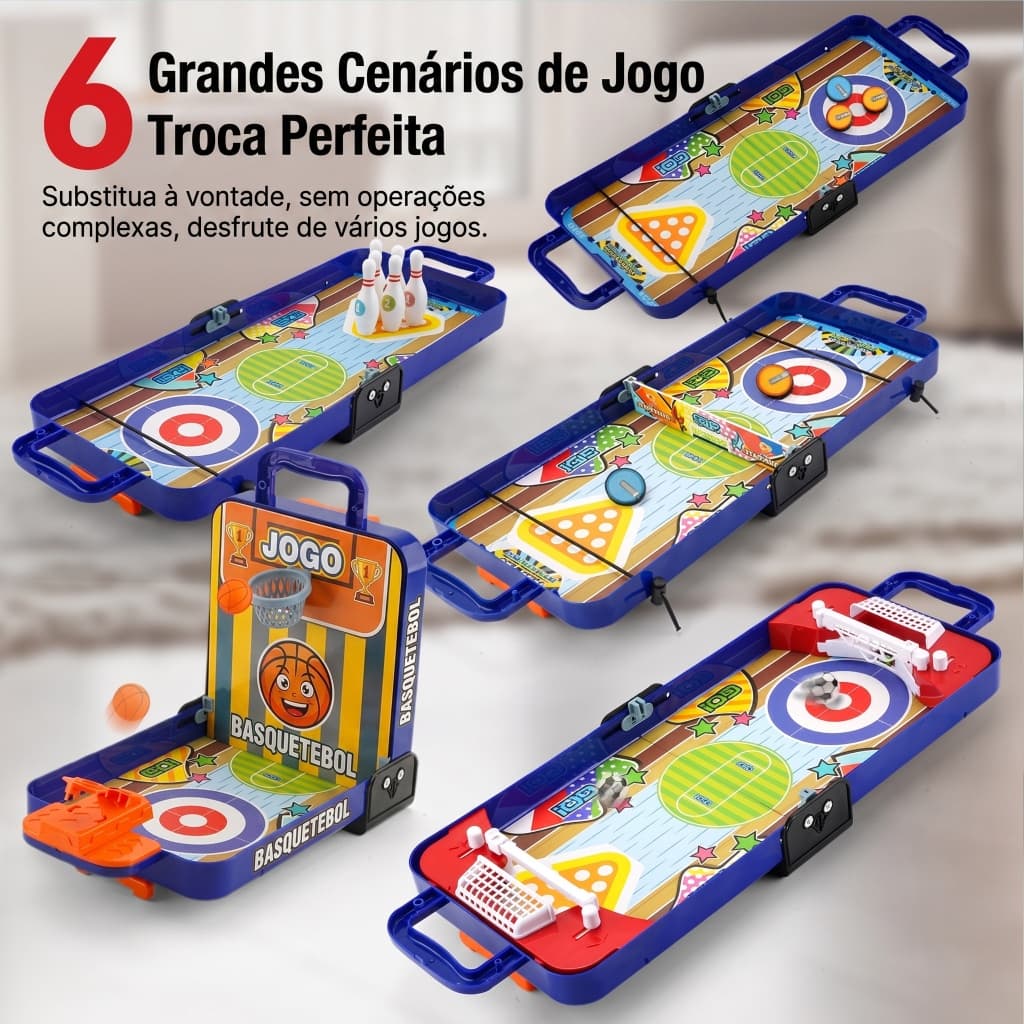 Jogo de Mesa 6 em 1 Futebol Basquete Boliche Infantil Portátil Brinquedo Esportivo Interativo Presente