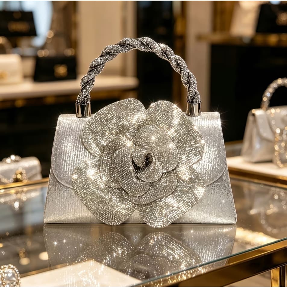 Bolsa de Mão Dourada Brilhante Totalmente em Strass 3D com Grande Rosa e Alça de Trança Torcida Ideal para Noites