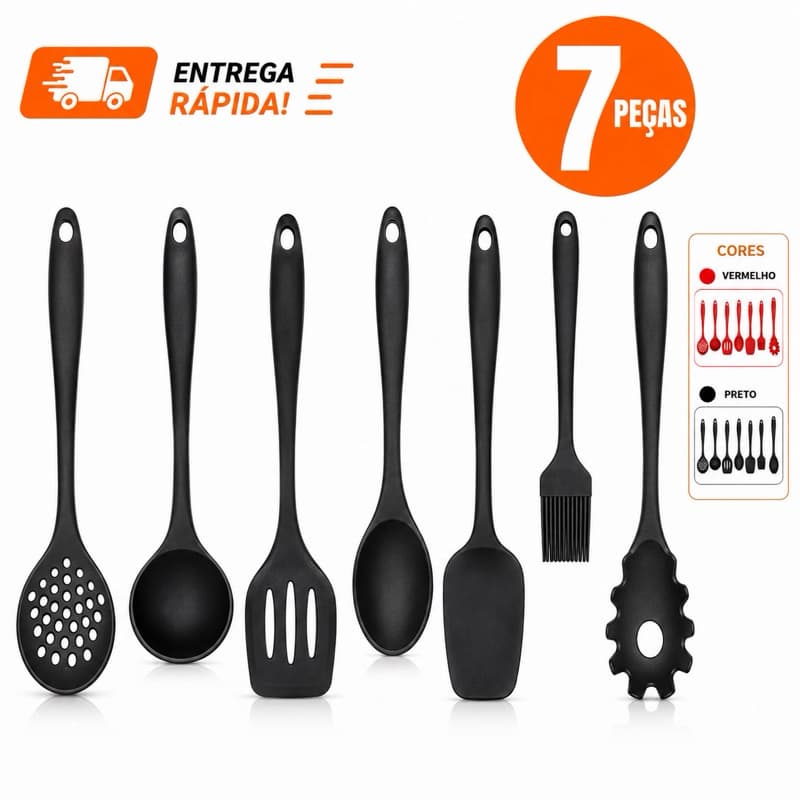 Kit 7 Ou 5 Peças Utensilios de Silicone Complet Cozinha Colher Arroz Espatulas Concha Escumadeira Pegador Pincel