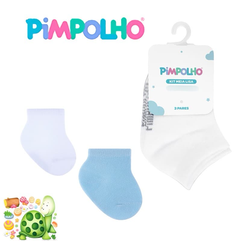 Kit 3 pares de meias lisas Pimpolho infantil Branca Rosa Azul e Cinza