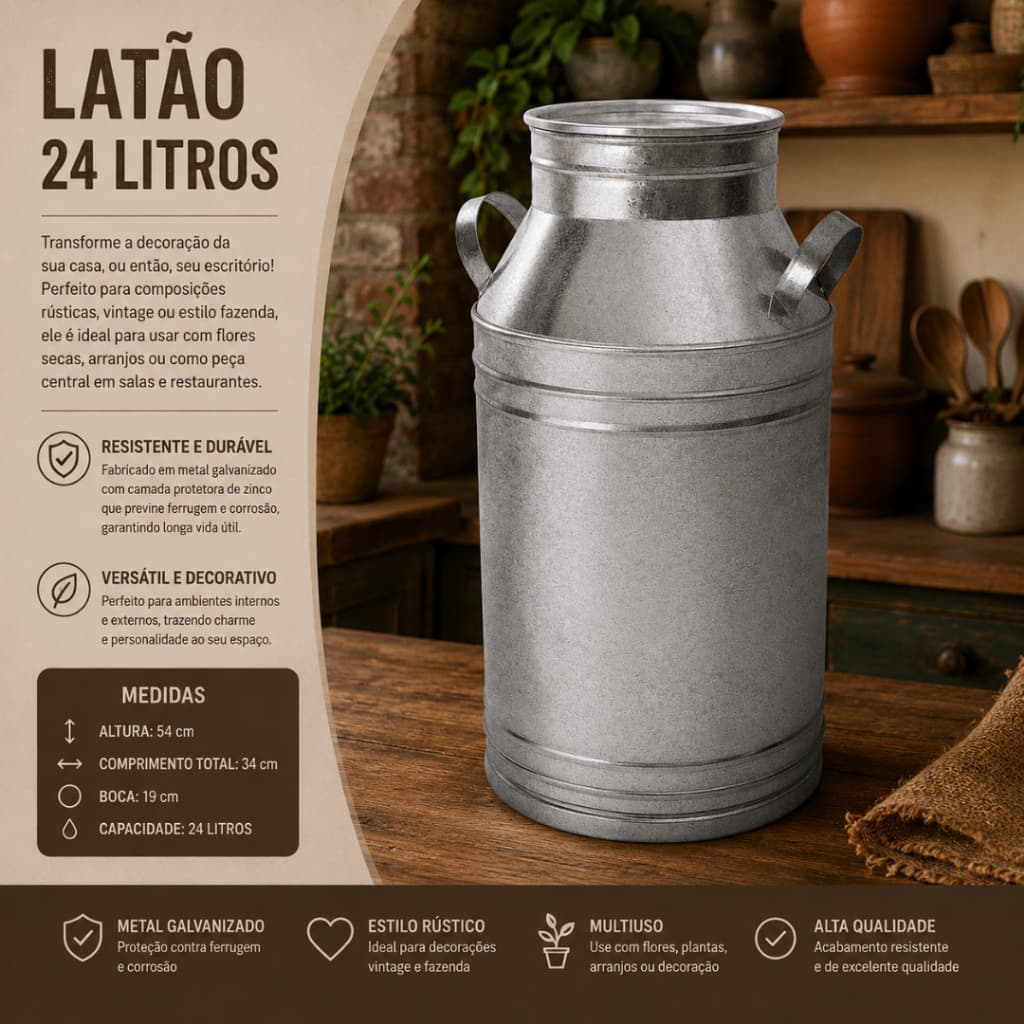 Leiteira GG 24 Litros Galvanizada Decorativa Com Alça Vintage Fazenda