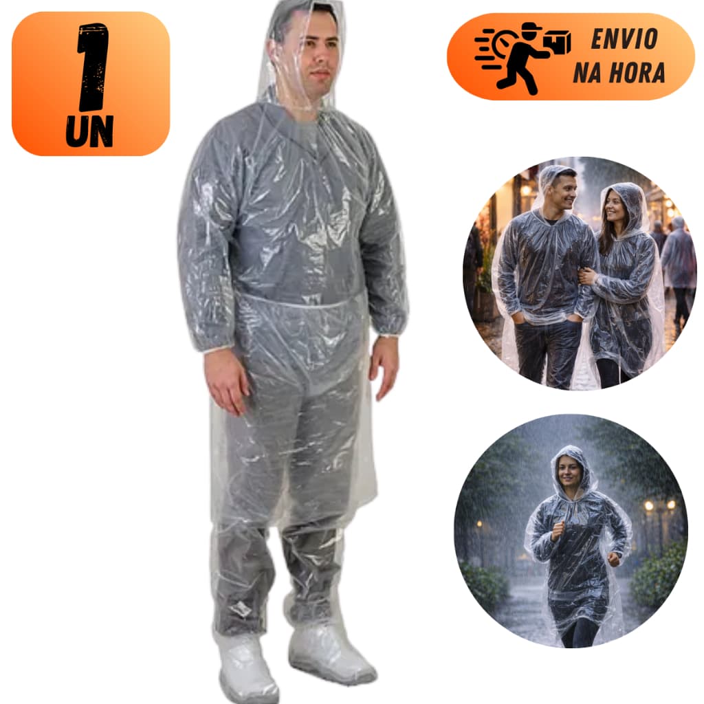 CAPA DE CHUVA IMPERMEÁVEL COM CAPUZ TRANSPARENTE DESCARTÁVEL RESISTENTE JAQUETA E CALÇA