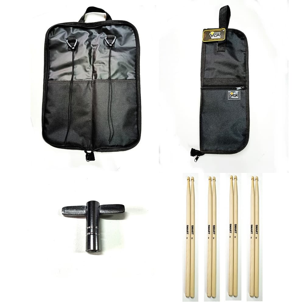 Estojo + 4 Pares de Baquetas 5A + Chave de Afinação P/ Bateria