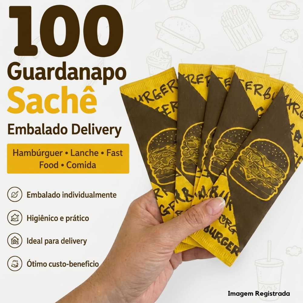 100 Guardanapano Sachê Embalado 20x27 cm Delivery Entrega Hamburgueria 2 Guardanapo Por Sachê Burgue