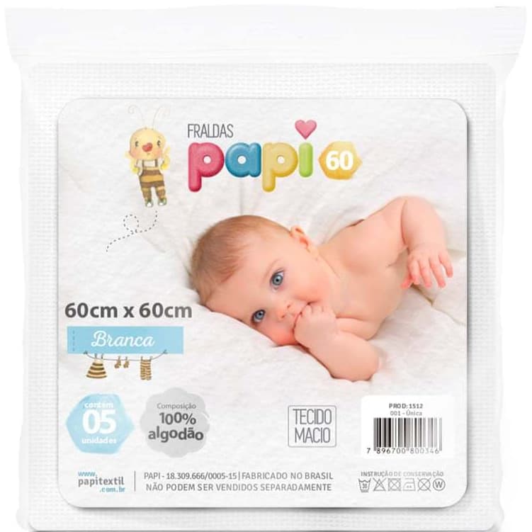 Kit 10 Fraldas Pano Branca Papi 60 60Cm X 60Cm