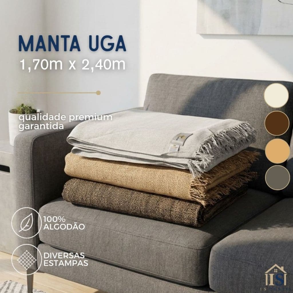 Manta Uga Decorativa 100% Algodão Para Sofá 1,70m x 2,40m Toque Macio Várias Cores