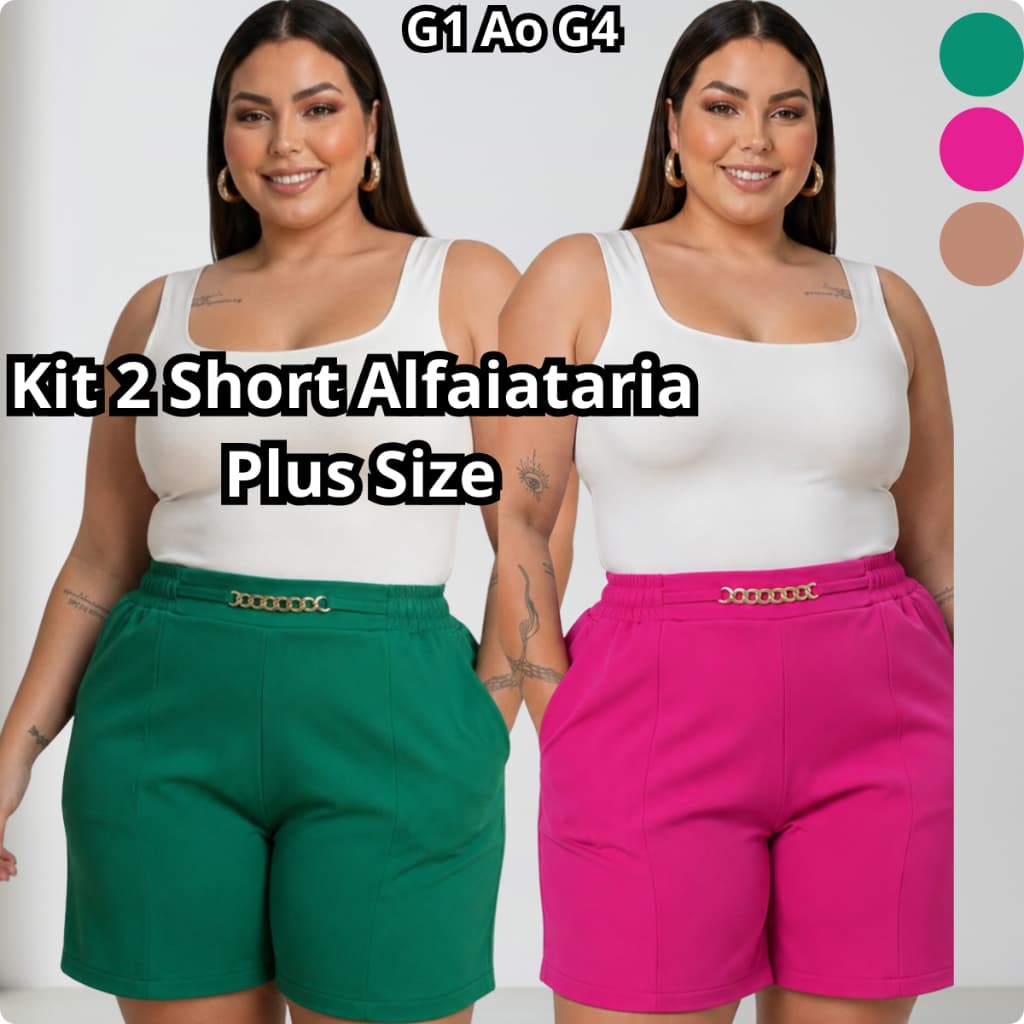 Kit 2 Short Alfaiataria Feminino Plus Size Social Elegante Dia a Dia Verão Cintura Alta G1 ao G4