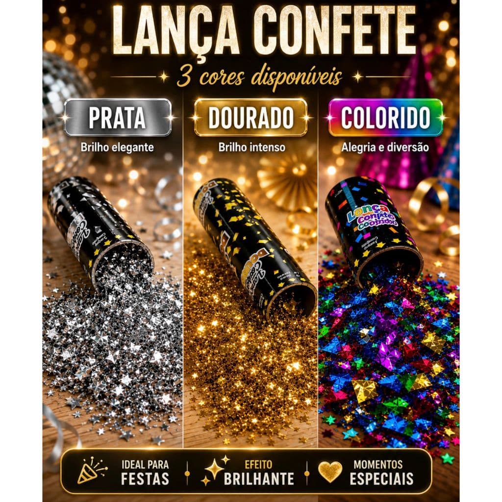 Kit Com 1, 2, 3, 4 ou 5 Lança Confete Festa Papel Casamento Metalizado