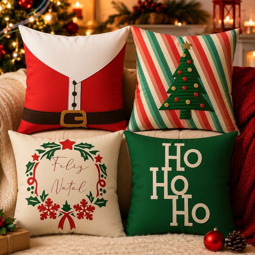 Kit 4 Capas De Almofadas Decorativas Natalinas 45x45 Natal Com Zíper Moderna Estampada Luxo