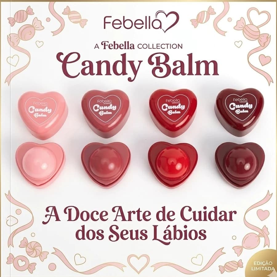 Lip Balm Febella Candy Balm Coração Lábios Hidratados Brilho Natural Gloss