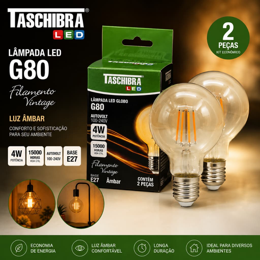 led Luz Amarela 4w Filamento Vintage Lampada Retro G80 Kit 2 unidades