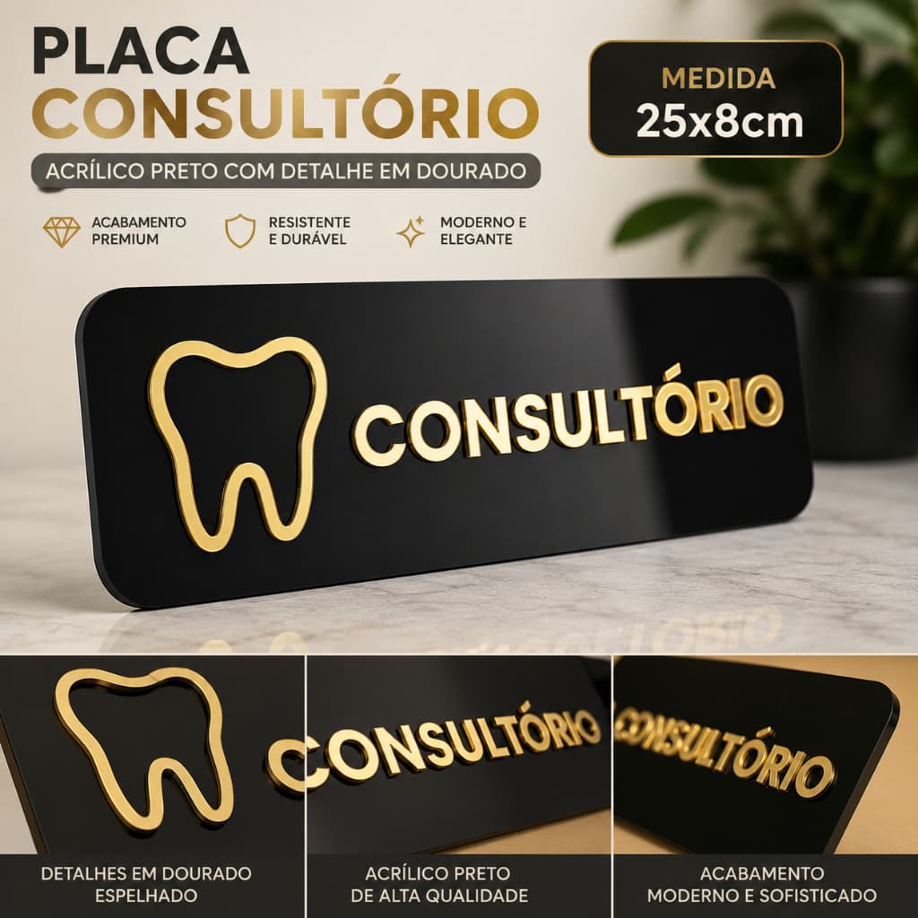 Placa Consultório Dentista em Acrílico Preto e Dourado 25x8cm | Sinalização Clínica Odontológica