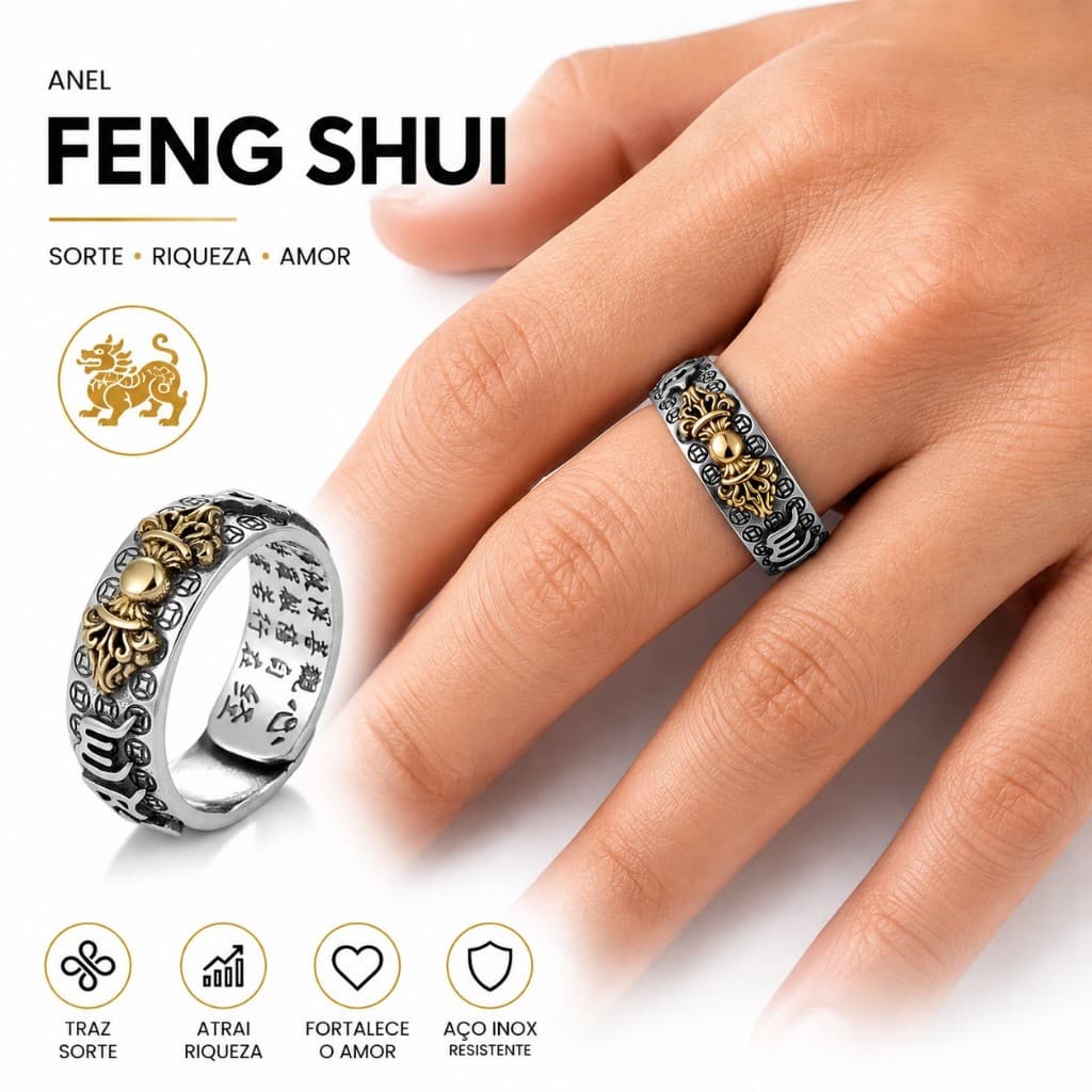 Anel Feng Shui Pixiu Traz Sorte Riqueza Amor Budismo Aliança Ajustável Inoxidável Regulável Mantra